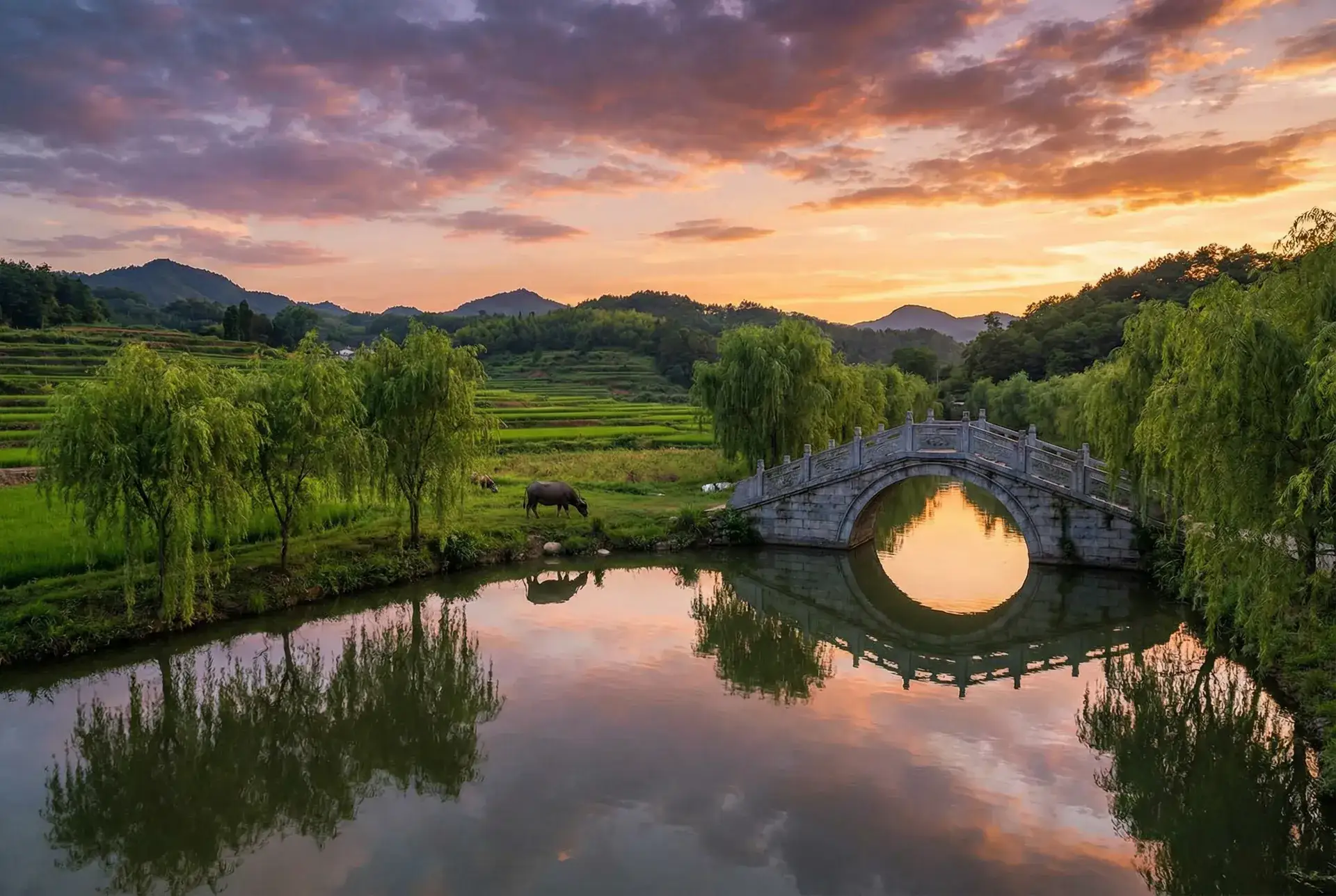 夕阳下的石拱桥与垂柳，水牛在河边吃草 - 裸体女生 乡村美景